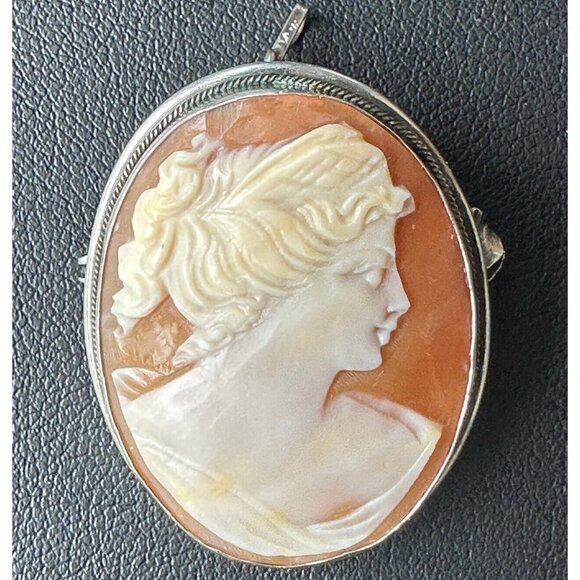 VTG Cameo‎ Shell Pendant Brooch 1 3/8" Victorian Lady 800 Fine Silver Italy MCM - Picture 1 of 12